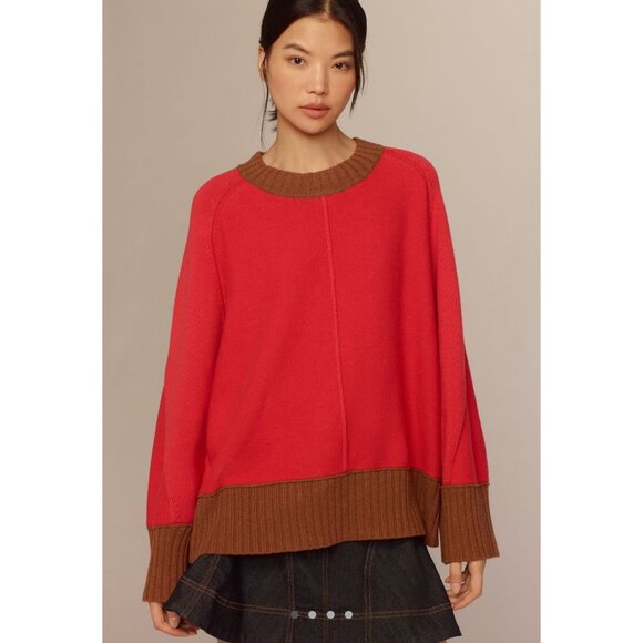 NWT Maeve by Anthropologie Chandler Crew-Neck Sweater | Red Brown Colorblock Box - Picture 1 of 13